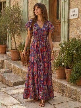 100% Silk Boho Maxi Dress Paisley Flutter Sleeve Cottagecore Wedding Guest